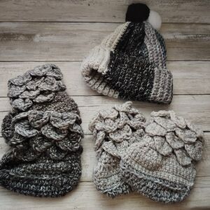 Gray and Black Crochet Hat and Booties Set